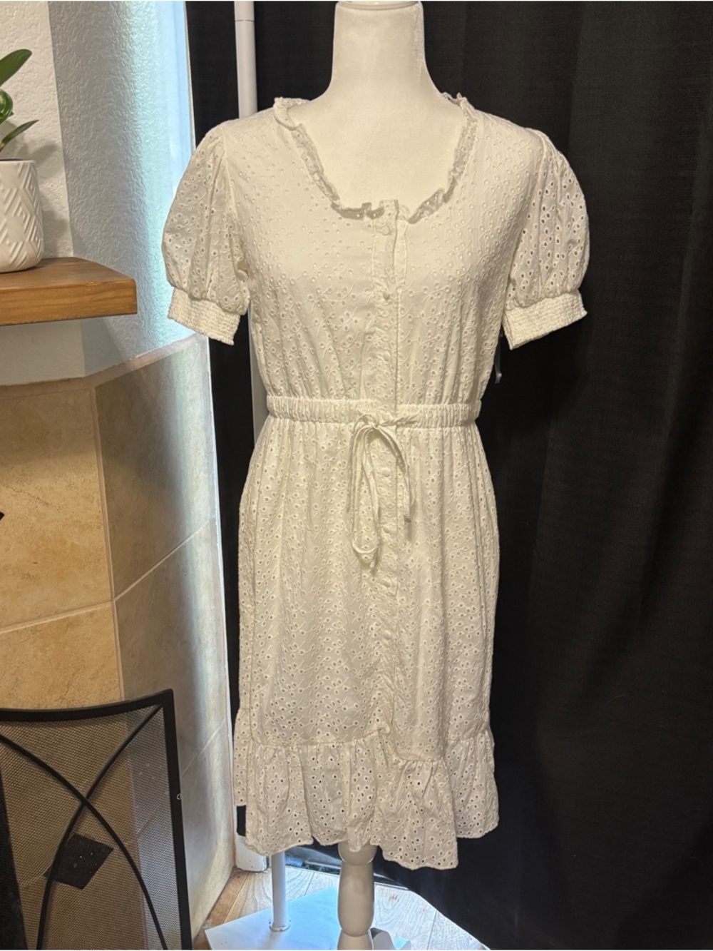 Nanette Lepore White Eyelet Midi Dress with Puff Sleeves Size 4
